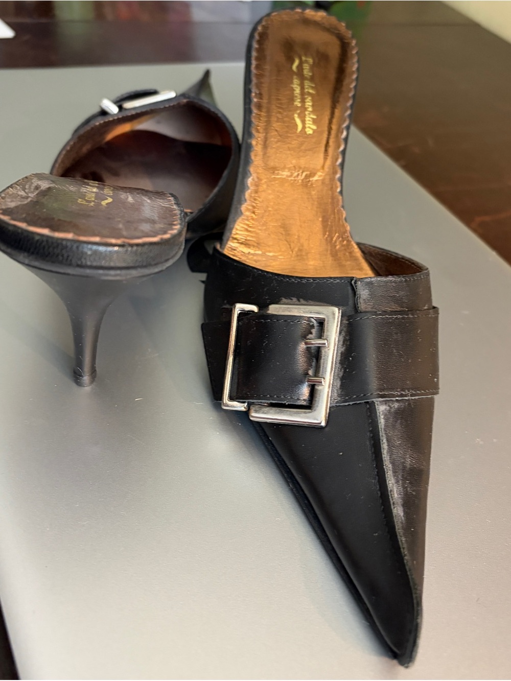 Black Pointed Toe Buckle Mules - Women, made in Italy
